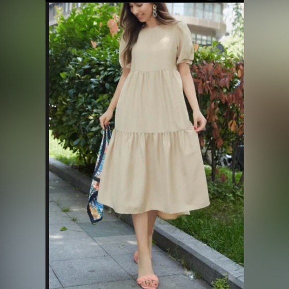 BLOGGERS FAVE Zara Asymmetric Puff Sleeves Tiered Poplin Midi Dress SZ Small - Picture 6 of 16